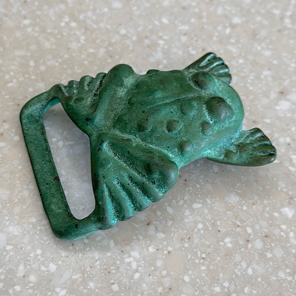Vintage brass green patina frog belt buckle Trinity?